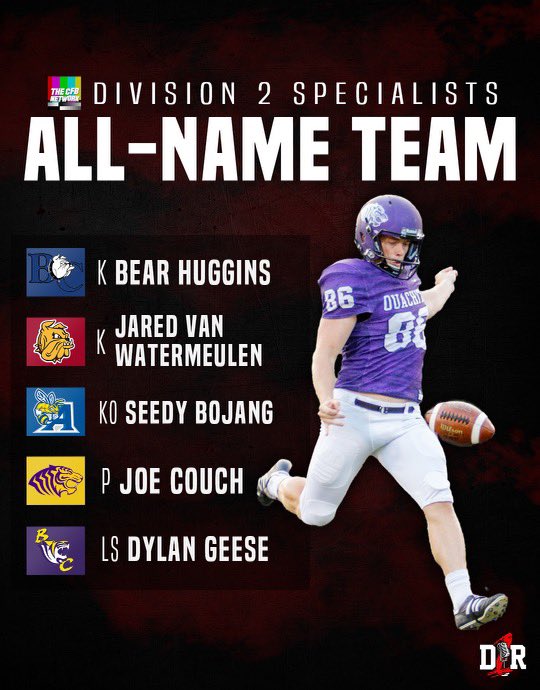 thecfbnetwork's tweet photo. What’s an offseason without a little CFB All-Name Team?

Here are the picks for the @thecfbnetwork X @D1_Rejects D-2 All-Name Teams

Idea Credit: @JimMWeber https://t.co/4dLUxcXL9T