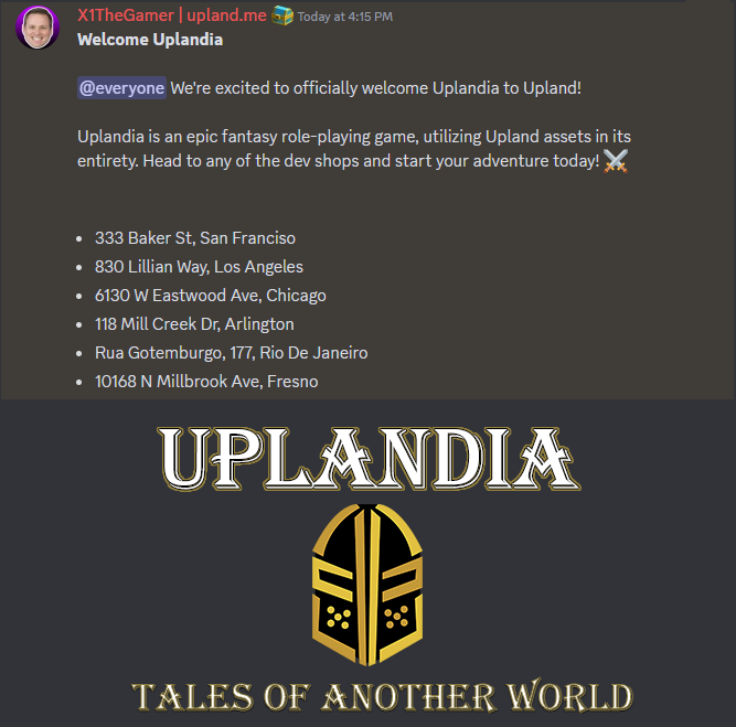 Very happy to announce that our initial <a href="/UplandMe/">Upland</a>  Dev Shops are in game! Uplandia is a multiplayer role-playing game that utilizes Upland assets. Players can earn UPX while vanquishing their enemies. Join Now! uplandia.me