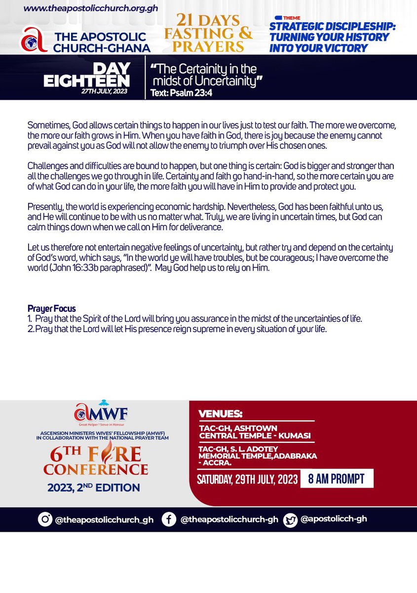 DAY EIGHTEEN OF 21 DAYS FASTING AND PRAYERS || “THE CERTAINITY IN THE MIDST OF UNCERTAINTY'.
#21DaysFastingAndPrayers
#July23
#DayEighteen
#StrategicDiscipleship