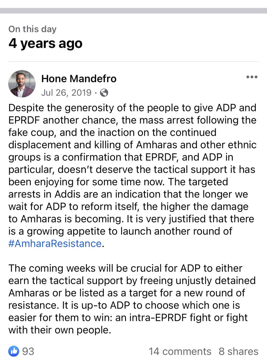 HoMan99's tweet photo. Four years ago, I shared this on Facebook. Today, few Amhara folks are willing to give APP the benefit of doubt. Their options have boiled down to being a servant to @AbiyAhmedAli and facing death or joining the #AmharaResistance by leaving the APP.
#Ethiopia https://t.co/3jXx30oWPD