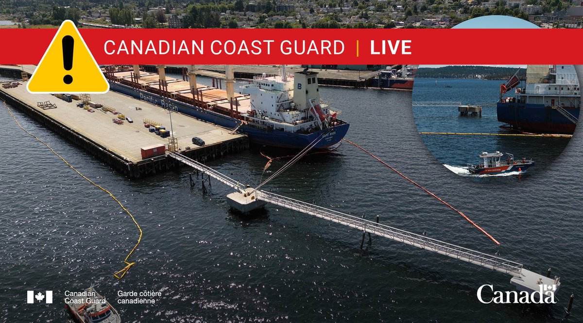 #CCGLive - UPDATE: A sheen is visible in #NanaimoHarbour, #BritishColumbia, from a fuel spill from the M/V Maipo River. While most of the fuel was contained on the deck of the vessel, some reached the marine environment.