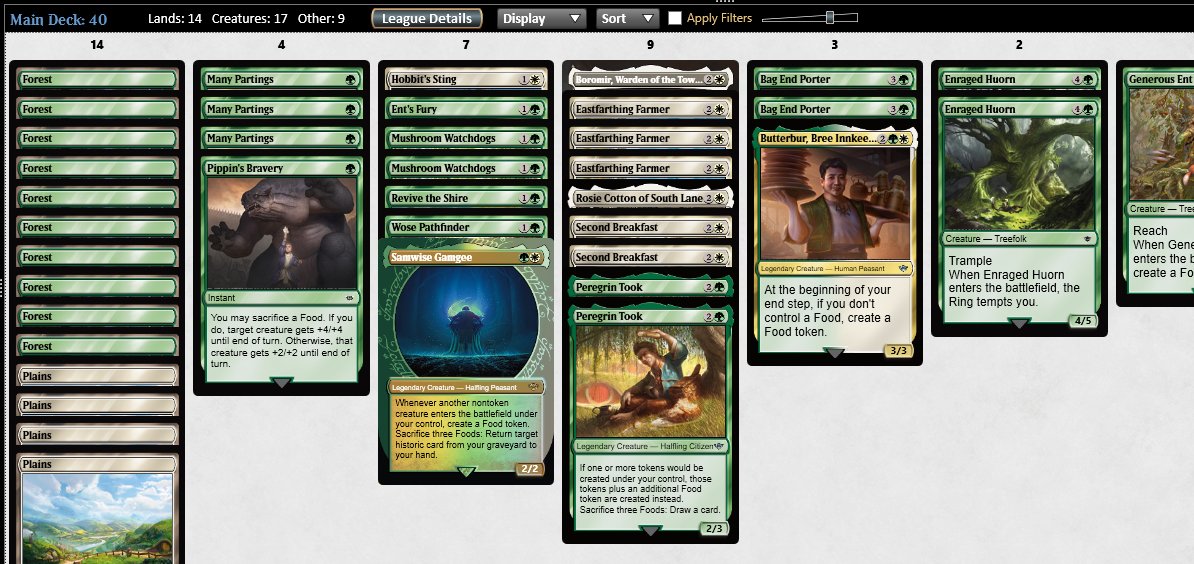 The groupthink says UBR > GW, but Food is by far my fav deck in #MTGxLOTR draft and Many Partings is easily my most-drafted common.

MTGO bc I'm hunting One Ring/Bowmasters, of course

related:  What's the record for the draft trophy any% speedrun?  This one's gotta be up there.