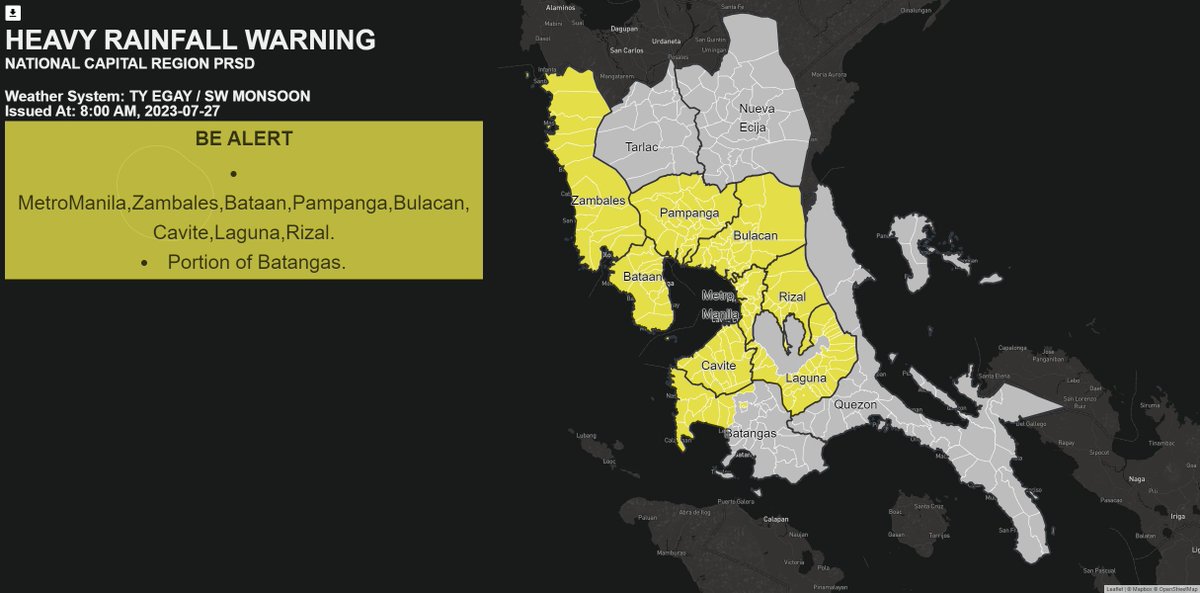 dost_pagasa's tweet photo. Heavy Rainfall Warning No. 11  #NCR_PRSD
Weather System: TY EGAY / SW MONSOON
Issued at: 8:00 AM,27 July 2023

Yellow Warning: MetroManila, Zambales, Bataan, Pampanga, Bulacan, Cavite, Laguna, Rizal, Batangas(Nasugbu, Calatagan, Lian, Tuy, Balayan, Calaca, Laurel, Lemery, Talisay, Agoncillo).
Associated Hazard: FLOODING in flood-prone areas

Meanwhile, light to moderate with occasional heavy rains affecting Tarlac, Nueva Ecija, Quezon(General Nakar, Infanta, Real), and the rest of Batangas which may persist within 3 hours.

Expect light to moderate rains over the rest of Quezon within the next 3 hours.

The public and the Disaster Risk Reduction and Management Offices concerned are advised to MONITOR the weather condition and watch for the next advisory to be issued at 11:00 AM Today.

For more information and queries, please call telephone numbers 8922-1992 and 8927-1335 or log on to https://t.co/UVDoibkVeg.