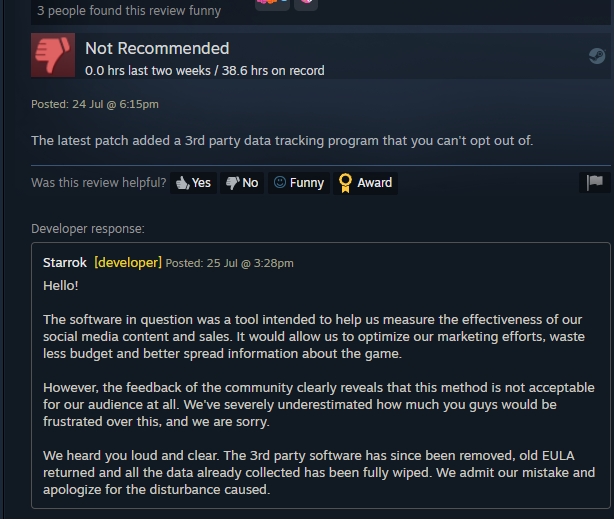 Unacceptable.

Even if the data was allegedly wiped and the software was removed, this is illegal and shouldn't have been done in the first place. Developers should NEVER add malicious software to their games through patches, especially on platforms like Steam that force updates.