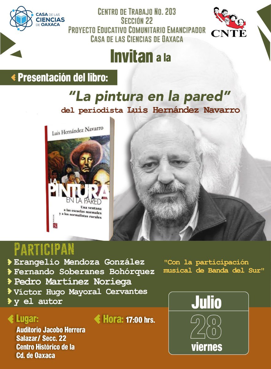 lhan55's tweet image. Presentación de “La pintura en la pared”, del @FCEMexico. Oaxaca, Oaxaca. Viernes 28 de julio, a las 17 horas. Auditorio Jacobo Herrera, sección 22.
- Pedro Martínez Noriega
- Erangelio Mendoza González 
- Fernando Soberanes Bohorquez 
- Víctor Hugo Mayoral 
Y el autor