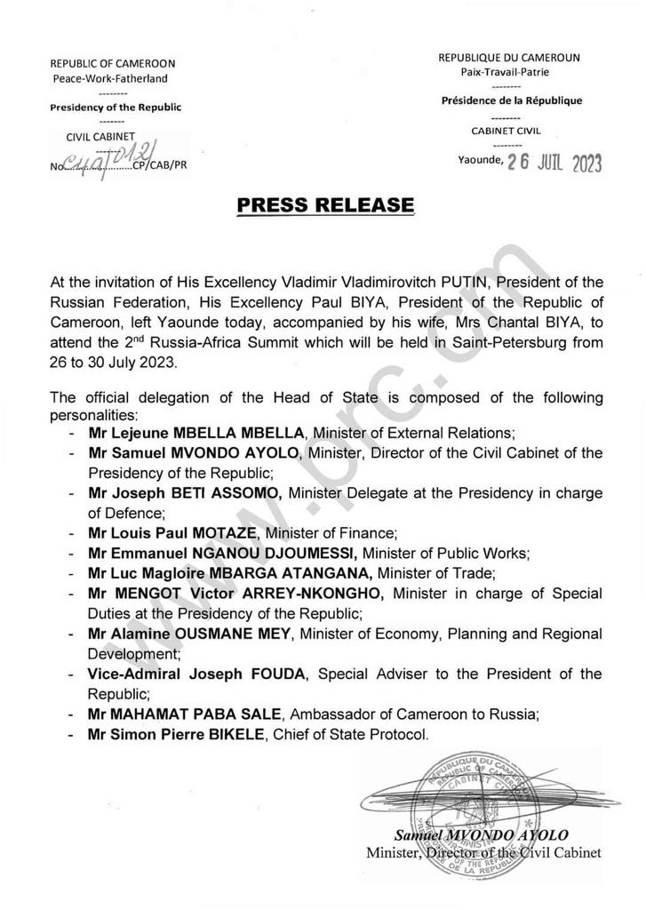 SamuelSako's tweet photo. Very troubling that @PRPaulBIYA is leading senior #Cameroon del. to #Russia. Del. details below. We, the leaders & people, of Southern Cameroons, https://t.co/oCzOBiKVm5, stand with @Ukraine and @ZelenskyyUa, and offer the free world an alternative to #LRC. @WhiteHouse, @SecBlinken