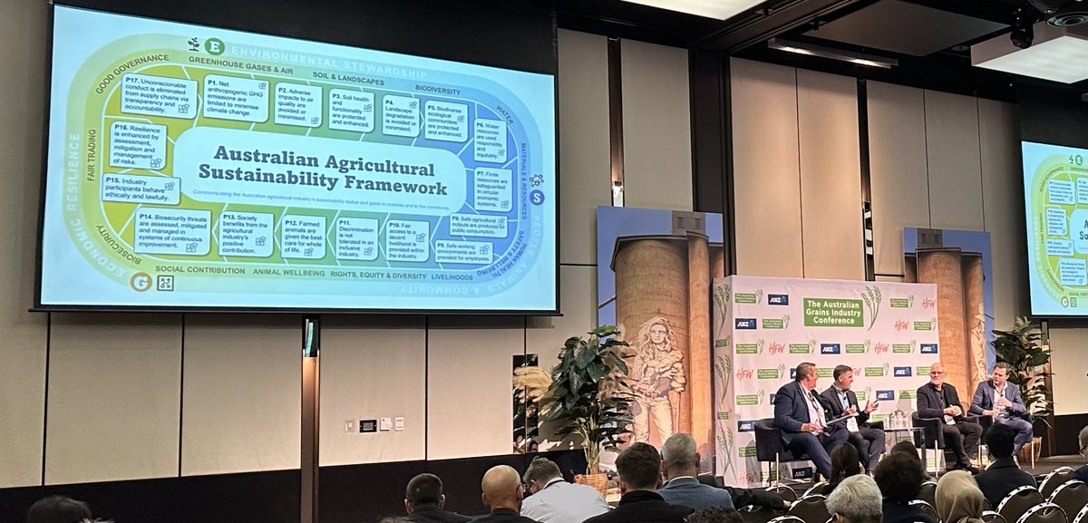 Well-convened panel discussing #Sustainability credentials in the Aus Grain industry. Values, principles, science-based targets, communities expectations &amp; collaboration are themes to tackle the challenges #agic 
<a href="/GrainTradeAus/">Grain Trade Aust</a>