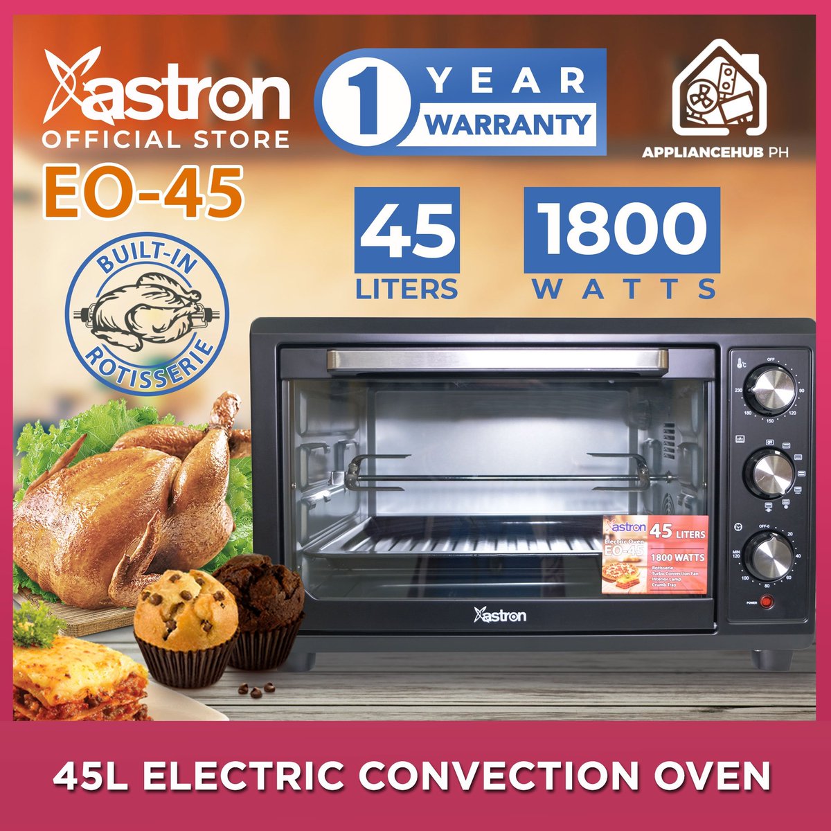 Check out this great deal on Lazada! 
Astron EO-45 Electric Convection Oven with Built-in Rotisserie and Interior Lamp (45L) (1800W) (Black)
Product Price:  ₱4,049
Discount Price:  ₱3,846 
#astron #convectionoven 
s.lazada.com.ph/s.7YEdj?cc