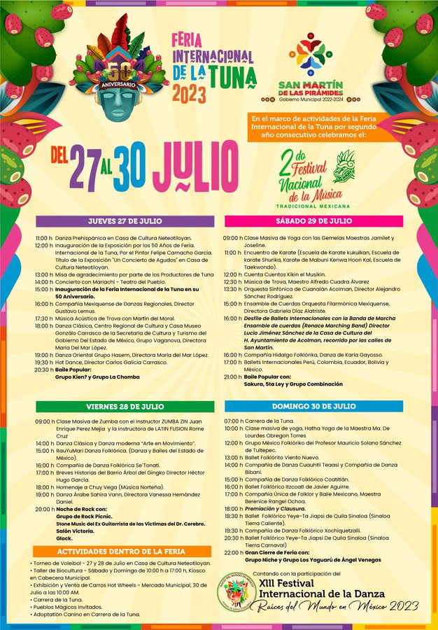SECTUR_mx's tweet photo. 🗓️Del 27 al 30 de julio participa en la Feria Internacional de la Tuna 2023 🎡💚 y el Segundo Festival Nacional de la Música Tradicional Mexicana 🎺🎶en #SanMartínDeLasPirámides, #Edoméx.
Consulta las actividades programadas 👇🏼👇🏼
#MéxicoEsTurismo #AlViajarSumas https://t.co/d51fTcN9PS