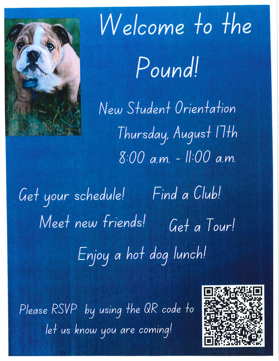 SAVE THE DATE: We are so excited to meet our new students! New Student Orientation will be Thursday, August 17 from 8 AM - 11 AM. Please RSVP at: bit.ly/3Ki2oiK or scan the QR code below.
