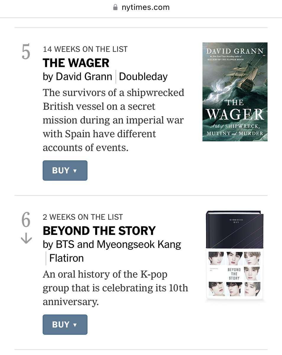 Congrats @BTS_twt! Beyond the Story is #1 for the second week on the @nytimesbooks Bestselling Hardcover Nonfiction chart and #6 on the Combined chart! Again, congrats to Kang Myungseok @AntonHur @clarehannahmary and Slin Jung!