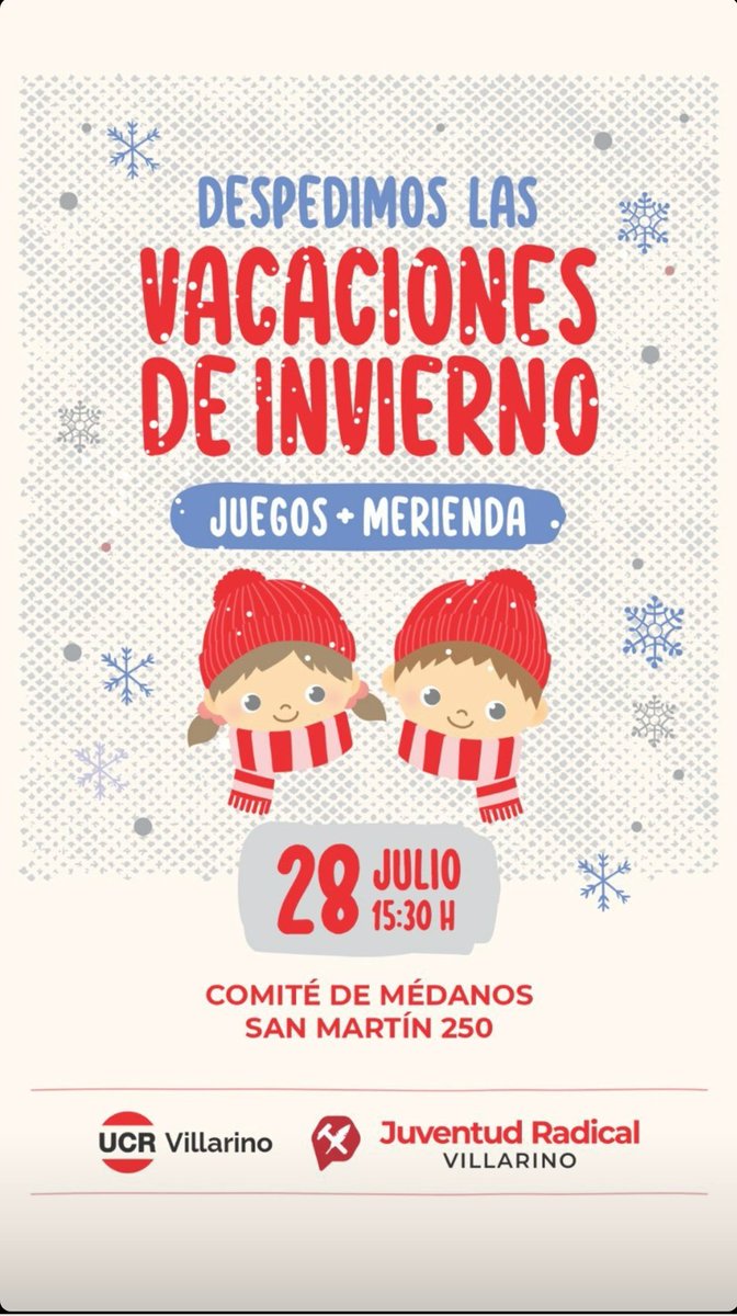 LucreciaNovo's tweet photo. Este viernes 28 de Julio a las 15:30 horas, nos encontramos en el Comité de la UCR de Médanos para despedir juntos las vacaciones de invierno.
¡Los esperamos en San Martín 250 para compartir juegos y merienda! https://t.co/mH5LENHG17