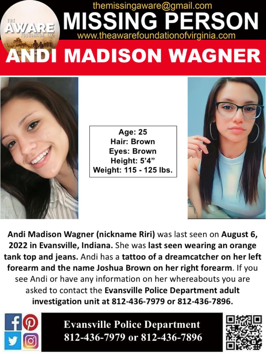 Lauren Lee Malloy (@laurenlee_915) on Twitter photo ๐จMISSING - PLEASE SHARE!!! ๐จ Andi Wagner - last seen August 6, 2022 in Evansville, IN. Flyer by <a href="/aware_the/">The AWARE Foundation</a> #missing #missingperson #evansville #indiana #andiwagner #findandiwagner ๐จMISSING - PLEASE SHARE!!! ๐จ Andi Wagner - last seen August 6, 2022 in Evansville, IN. Flyer by <a href="/aware_the/">The AWARE Foundation</a> #missing #missingperson #evansville #indiana #andiwagner #findandiwagner
