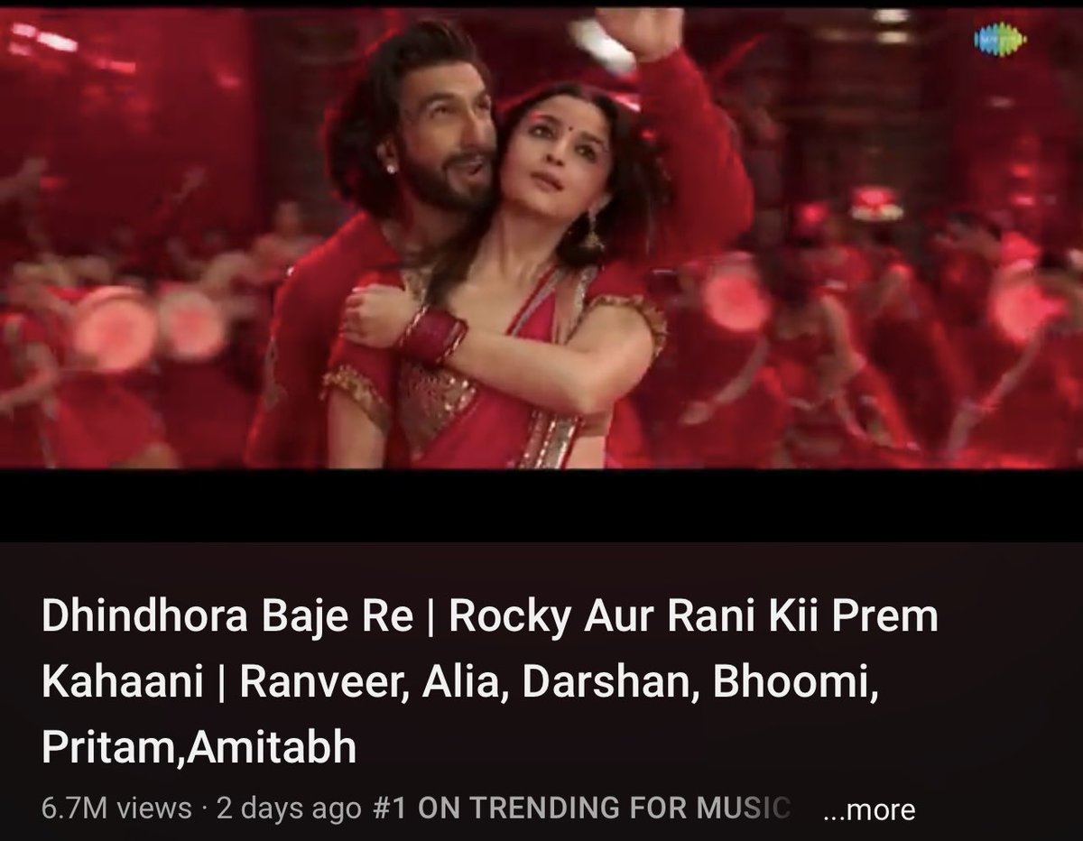 ranveercafe69's tweet photo. #Dhindhora trending on number 1, #WhatJhumka on number 3 and #VeKamleya on number 9 on YouTube Music … #TumKyaMile also in Top 50 

#RockyAurRaniKiiPremKahaani https://t.co/1VmourAl9p