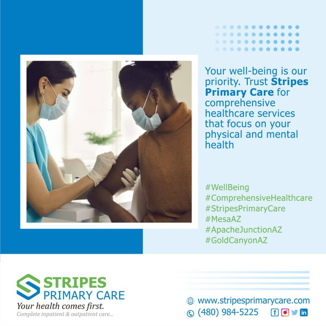 Stripes_care's tweet photo. Stripes Primary Care is here to support your complete well-being. Our team of healthcare professionals is dedicated to addressing both your physical and mental health concerns. #CompleteWellbeing #HealthcareSupport #StripesPrimaryCare #MesaAZ #ApacheJunctionAZ #GoldCanyonAZ https://t.co/up54d4k9ef