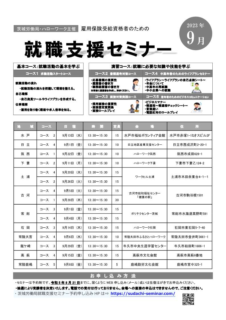hw_hitachiomiya's tweet photo. ✨求職者の皆様へ✨

＃茨城労働局 ・ハローワーク主催 #就職支援セミナー
（令和５年9月開催分）です❣

事前のお申し込みが必要となります‼
詳細はチラシをご確認ください💡
申込み期限：8月21日（月）

https://t.co/4b8XhdT0pI

#セミナー #就職活動の基本 https://t.co/MajbfWc8ms