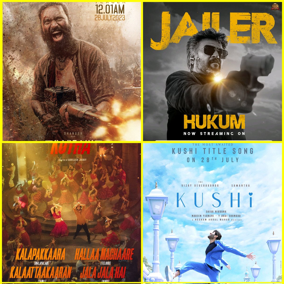 itz_Ytr's tweet photo. Tomorrow PAN INDIA Updates :- โญ
#CaptainMillerTeaser 12.01AM ๐ฅ
#JailerAudioLaunch Evening
#KingOfKotha1stSingle ๐ฅ
#KushiThirdSingle ๐
#Dhanush | #Rajinikanth | #DulquerSalmaan | #VijayDeverakonda https://t.co/XggcOy2Hj4