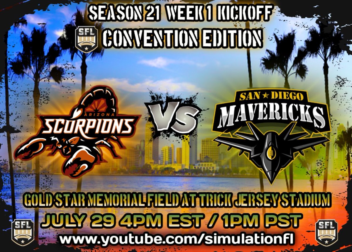 SFLArizona's tweet photo. @simulationfl Season 21 is here and the Scorpions are headed to the Golden State to face the @SFL_Mavericks Saturday July 29th @ 4pm EST in a huge week 1 matchup! #SFL #S21 #FYP #eSports #feelthesting #makeanimpact #simulationfl https://t.co/b6iC1rO7k9