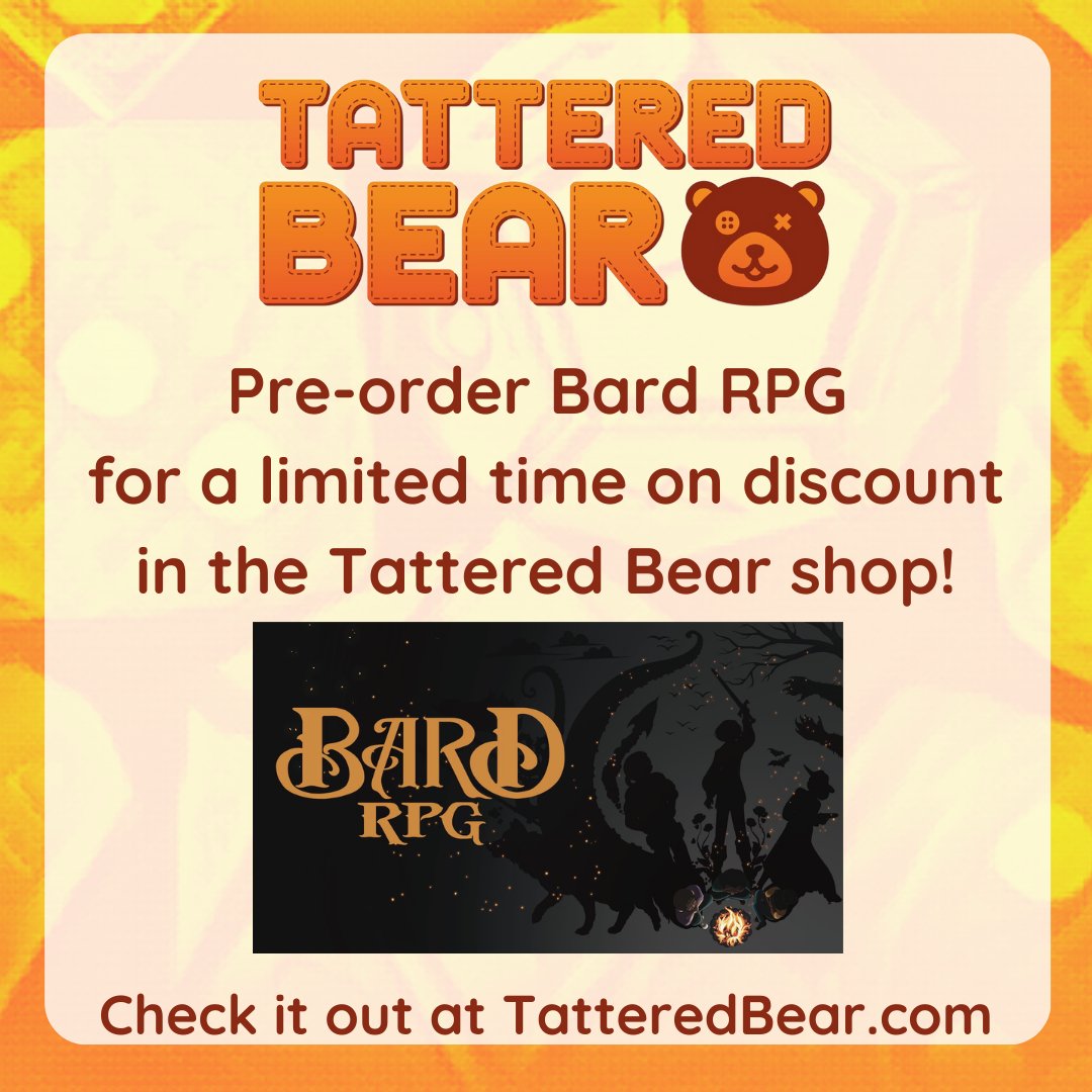 TatteredBear1's tweet photo. For a limited time, you can get Bard RPG by @ScrivTheBard pre-ordered on discount in the Tattered Bear shop!

Check it out today, along with other all-ages TTRPGs from both our clients and founders!  

https://t.co/cgUvsWC7B1 

#TTRPG #TatteredBear https://t.co/bDMPzxN2us