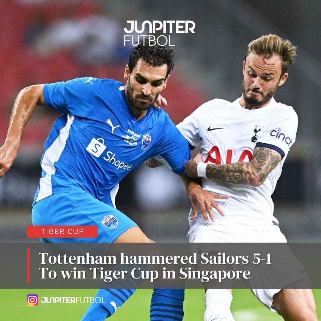 JunpiterFutbol's tweet photo. @SpursOfficial hammered @lioncitysailors 5-1 in front of 25,000 spectators to win the Tiger Cup in #Singapore. Sailors took a shocking lead in the 14th minute through Shawal Anuar before Harry Kane, Giovani Lo Celso and Richarlison completed a 5-1 comeback. #SGfootball #COYS https://t.co/iZdhEXP8Qq