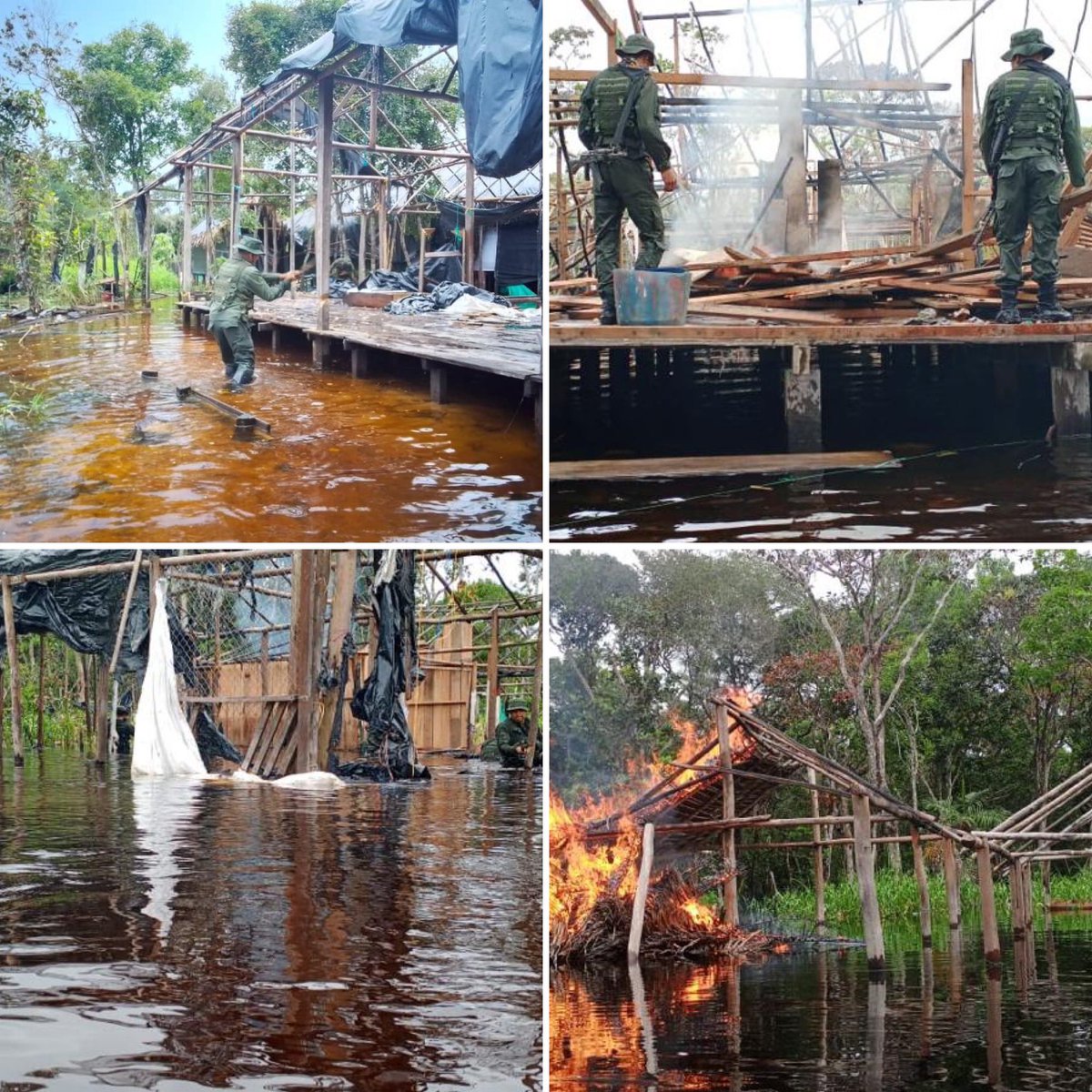 Más de 60 palafitos construidos por los grupos depredadores dedicados a la minería ilegal, sobre el nivel de las aguas, fabricados con materiales contaminantes como el plástico, alambres y materiales obtenidos como producto de la tala indiscriminada (madera), han sido