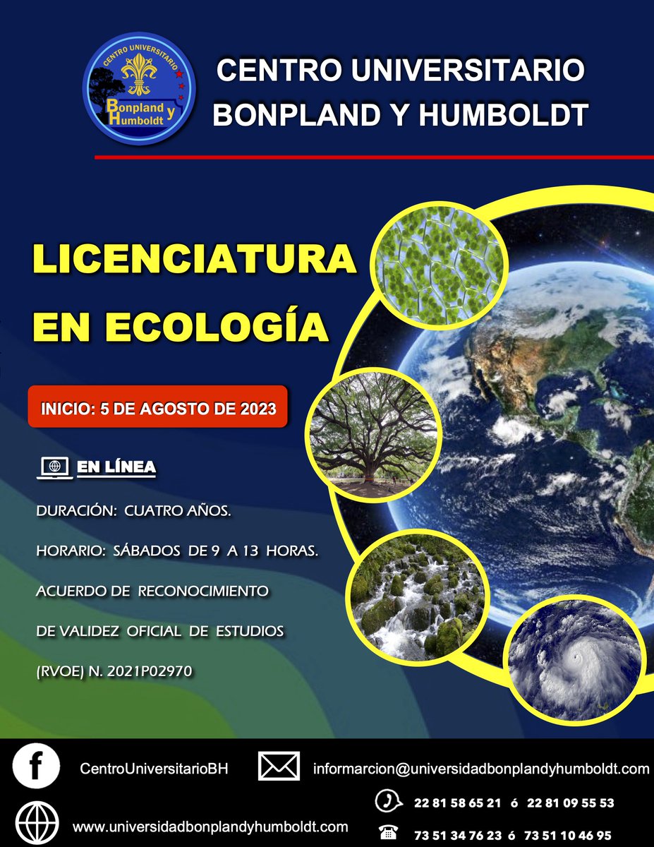ByhCentro's tweet photo. 🌿Convocatoria abierta: Licenciatura en Ecología 
🖱️En línea 
⌚️Duración: 4 años 
🗓️Inicio, sábado 5 de agosto de 2023. 
📲2281586521 ó 2281095553 
✉️informacion@univerisdadbonplandyhumboldt.com
🌐https://t.co/Qbt0UyzPyB
👩‍🎓RVOE 2021P02970 https://t.co/q6fPN5mqyU