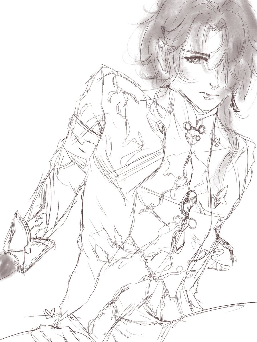 ArtificialLotus's tweet photo. Messy lil' sketch of Bladie. My broken arm was trying its best. Maybe some day I will color this...🤔

#HonkaiStarRail #Blade https://t.co/E3vA30mv47