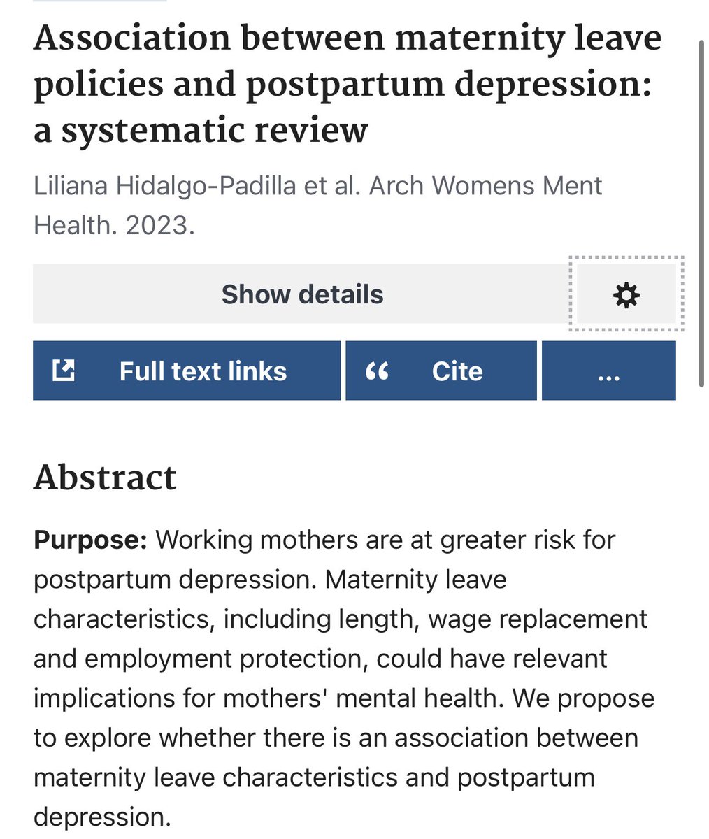 We need longer maternity leaves 

This is so obvious but now we have clear data on it

“Paid and longer maternity leaves tend to be associated with a reduction of postpartum depression symptoms in high-income countries.“

pubmed.ncbi.nlm.nih.gov/37458837/

#PerinatalMH #medtwitter