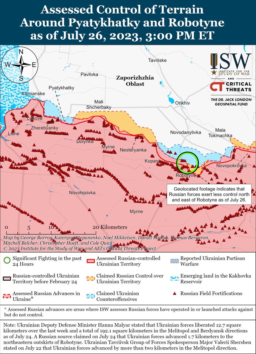 NEW: #Ukrainian forces launched a significant mechanized #counteroffensive operation in western #Zaporizhia Oblast on July 26 and appear to have broken through certain pre-prepared Russian defensive positions south of #Orikhiv. 🧵 Latest on #Ukraine: isw.pub/UkrWar072623