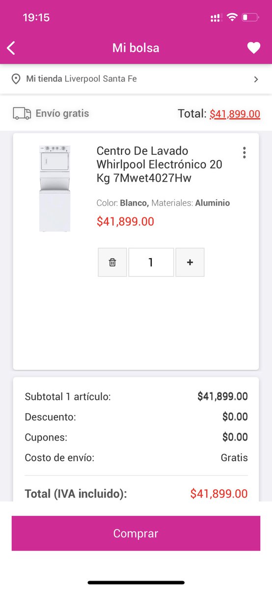 jacanizo's tweet photo. @liverpoolmexico por que la lavadora la anuncian en $21,996 y ya que haces el check out 41,899 (precio sin descuento)?? https://t.co/XnhYOd9L45