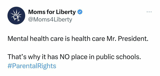 You had me at the first half, ngl.
But why tf would you not want kids to have access to health care at school, especially mental health care when youth suicide rates and mental health issues have increased?
It's the