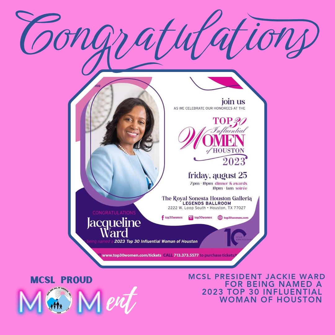 JackandJillMCSL's tweet photo. Congratulations to our chapter president, Jackie Ward! She's being recognized as a 2023 Top 30 Influential Woman of Houston. CP Ward is the epitome of what dynamic leadership is, and we're extremely proud of her and this wonderful accomplishment. #MoSugProud #MCSLJJOA #BossWoman https://t.co/GLciFA9sk2