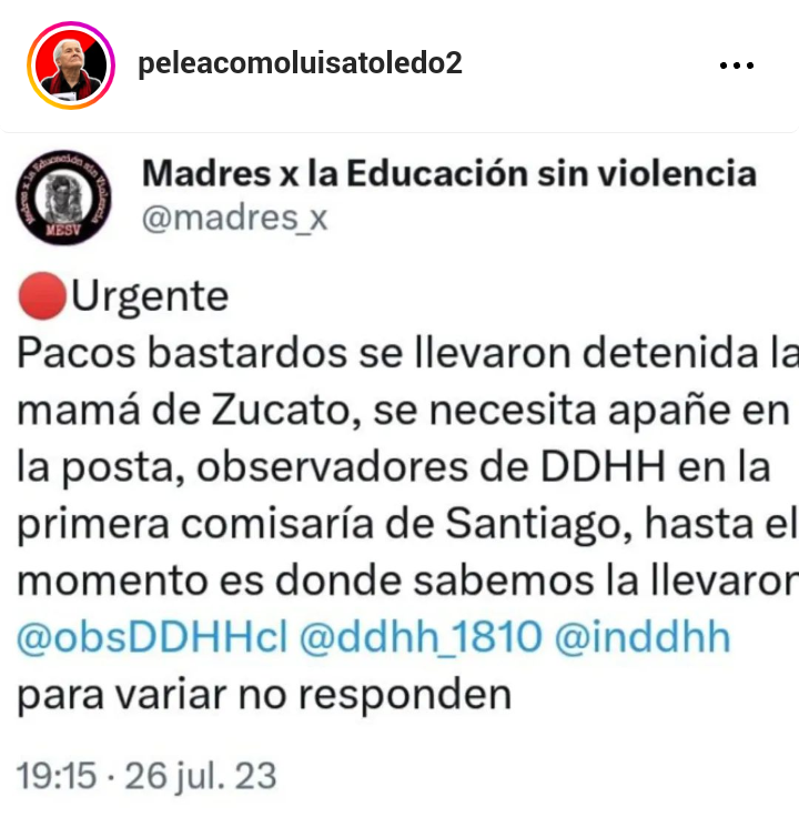 sinrost74881932's tweet photo. Urgente!! El Estado, el gobierno del malnacid0 de boric, el déspota árbol carcelero,  secuestró a la mamá de Zucato,  en la 1ra de santiago
🔥🔥🔥🔥🔥🔥🚓🔥🔥🔥🔥🔥
#QueSeVayanTodos https://t.co/9OLFSv05fS
