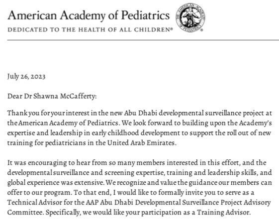DocMcCafferty's tweet photo. Feeling honored…
I’ve been invited to be a Training Advisor for the Abu Dhabi Early Childhood Developmental Screening Project Advisory Committee through @AmerAcadPeds @jannacpat
I can’t wait to join this team and share my passion for DBP with Pediatricians in the UAE! #IamDBP https://t.co/HBYopzL3Fn