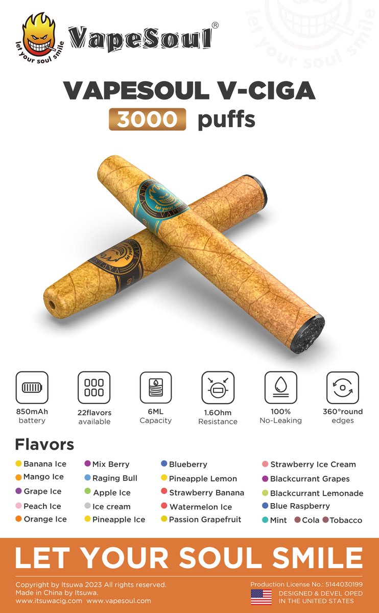 echoHuang975341's tweet image. Vapesoul V-Ciga let your soul smile
Features:
Number of puffs: 3000
E-liquid volume: 6ml
Battery capacity: 850 mah
Pre-filled, non-refillable
Multiple flavors
#cbd #cbdoil#cbdlife #cbdheals #cbdvape#cbdisolate #cbdcures#cbdmovement #cbdgummies#cbdcommunity #cbdhealth#cbdproducts