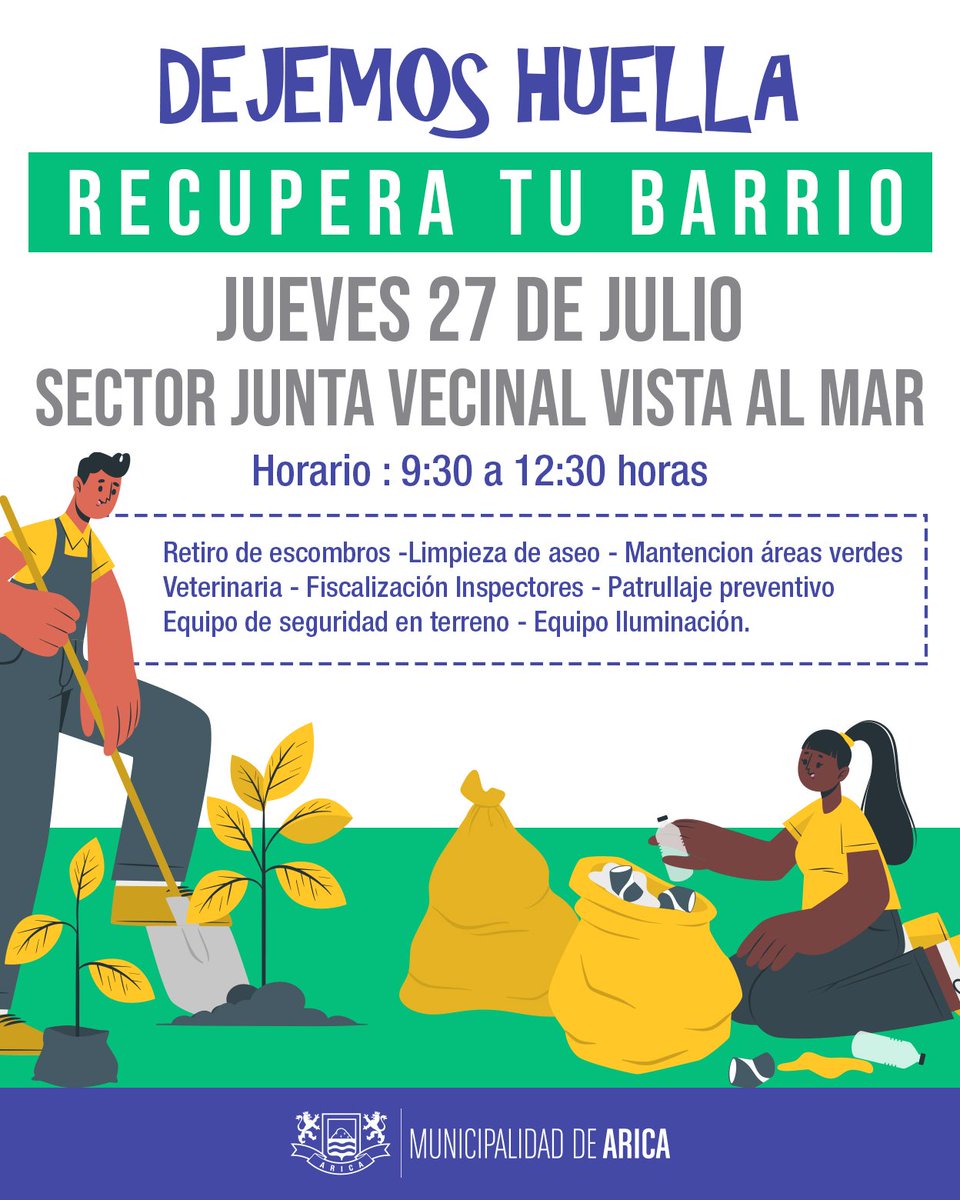 PauliKaboom's tweet photo. Mañana la DIMAO de la #MuniArica se traslada al sector norte, en una completa jornada para seguir recuperando espacios públicos, esta vez de la Junta vecinal Vista al Mar, además estaremos con Inspectores y la Veterinaria móvil.
#VamosPorMas
@Gerardo_Arica https://t.co/sLJk5NgpJt