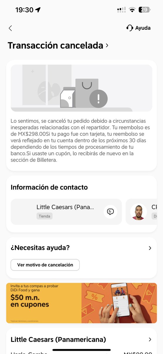 Rublondes's tweet photo. Se recolecta mi pedido y automáticamente el repartidor cancela mi pedido, ahora no tengo comida dos sobrinos que alimentar y un reembolso que puede tardar hasta 7 días, ¿alguna otra solución? @DidifoodMX @Profeco https://t.co/xoh8WkhaU6