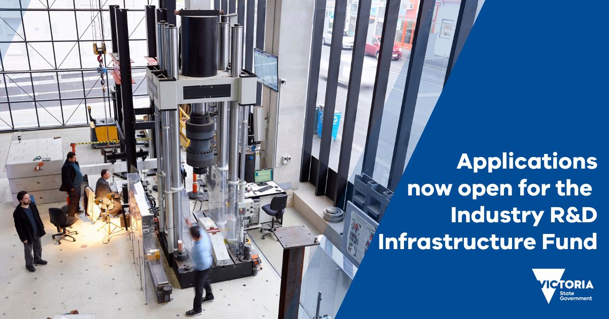 InvestVictoria's tweet photo. Applications are now open for the Industry R&D Infrastructure Fund. Matched grants are available for eligible Victorian businesses to invest in new and expand existing R&D infrastructure. Learn more and express your interest: https://t.co/WZbAx2hEJ6.
#madeinvictoria https://t.co/dhQhkeLKa8