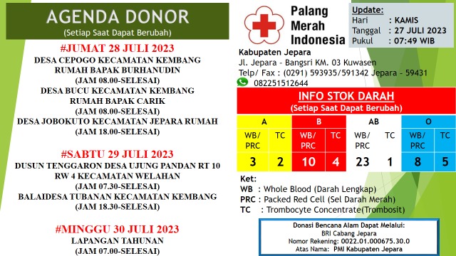 Update Stok Ketersediaan darah PMI Kabupaten Jepara
#BloodForLife #pmijepara #uddpmi #ayodonordarahsukarela #jepara #informasiseputarjepara