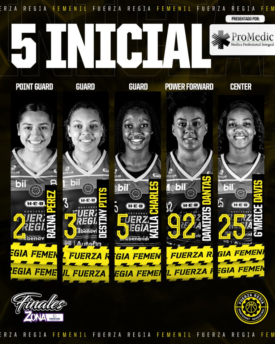 FuerzaRegiaFem's tweet photo. Te presentamos nuestro 5️⃣ para el juego 1 de la final de zona Punto CHG de la Liga Sisnova @LNBPFEMENIL 🏀

Presentado por #ProMedic 👨🏻‍⚕️

#TodosSomosFuerza 🟡⚫️ https://t.co/tZ3wUkfJ0l