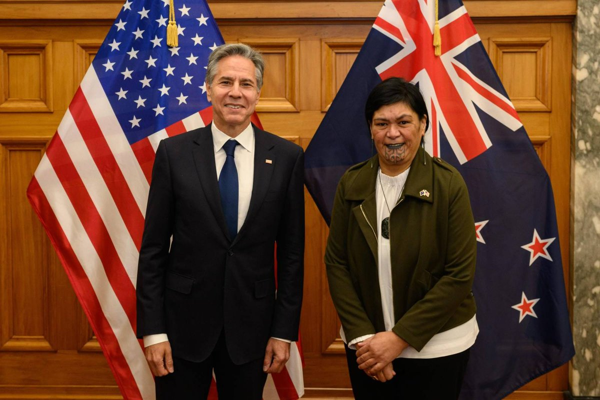 NanaiaMahuta's tweet photo. Met with US Secretary of State Antony Blinken today to reaffirm our shared values and explore areas for deeper collaboration. From climate change to security in the Indo-Pacific, our partnerships reflect our commitment to a free, resilient, stable Pacific region. #NZUS🇳🇿🇺🇸 https://t.co/MNEtNQpN7P