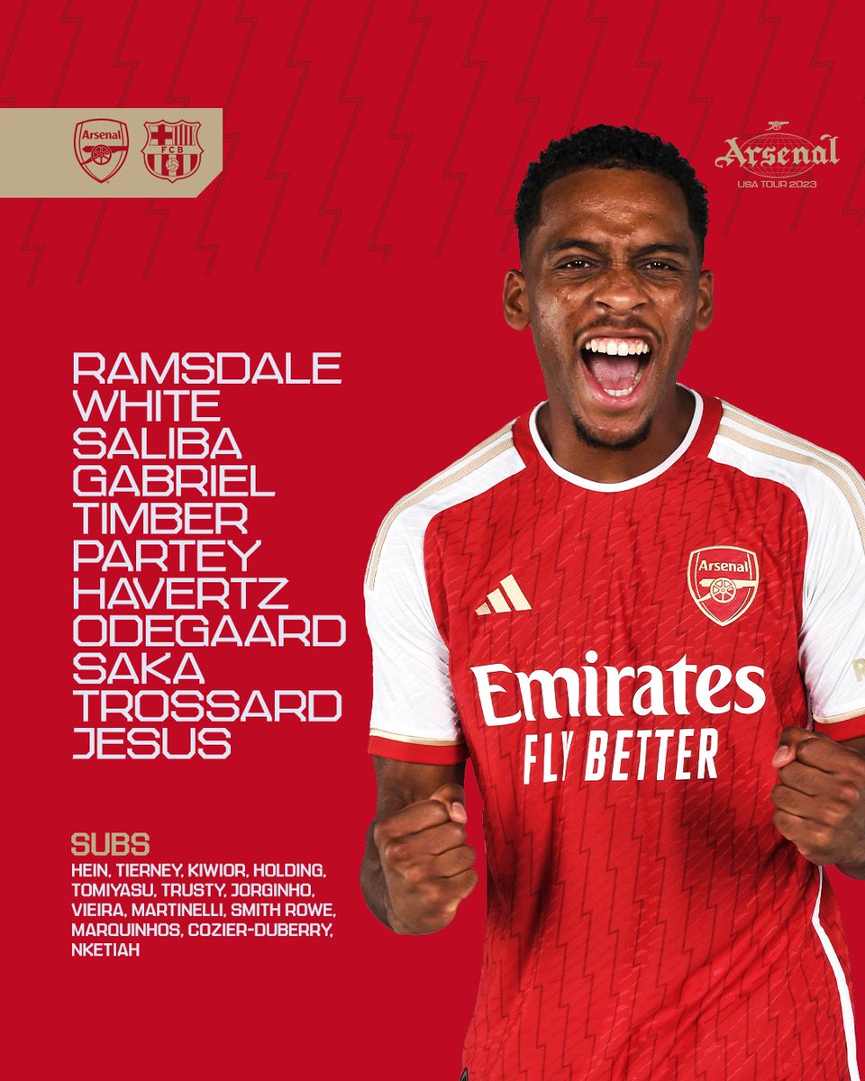 🔴 𝗧𝗘𝗔𝗠𝙉𝙀𝙒𝙎 ⚪️

🧱 Saliba at the back
🔙 Partey in the middle
🪄 Trossard on the wing
 
📺 The final game of our USA tour - LIVE on Arsenal.com