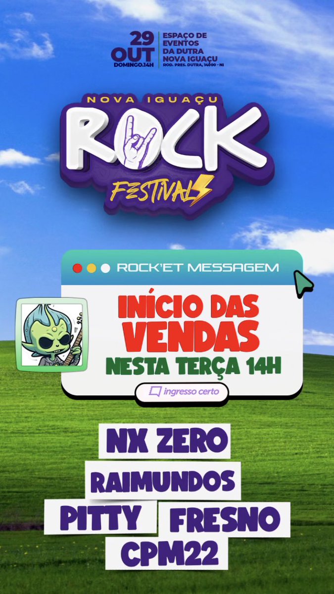 Di_Fanaticas's tweet photo. [RIO DE JANEIRO]

Alô, Rio! NX estará no Nova Iguaçu Rock Festival dia 29/10. 

Os ingressos do 1º lote variam de R$50 (pista) a R$2k (camarote para 10 pessoas). 

Lembrando que as vendas iniciam dia 01/08 (terça-feira).

Vamossss? https://t.co/6D7K4Sc7GL