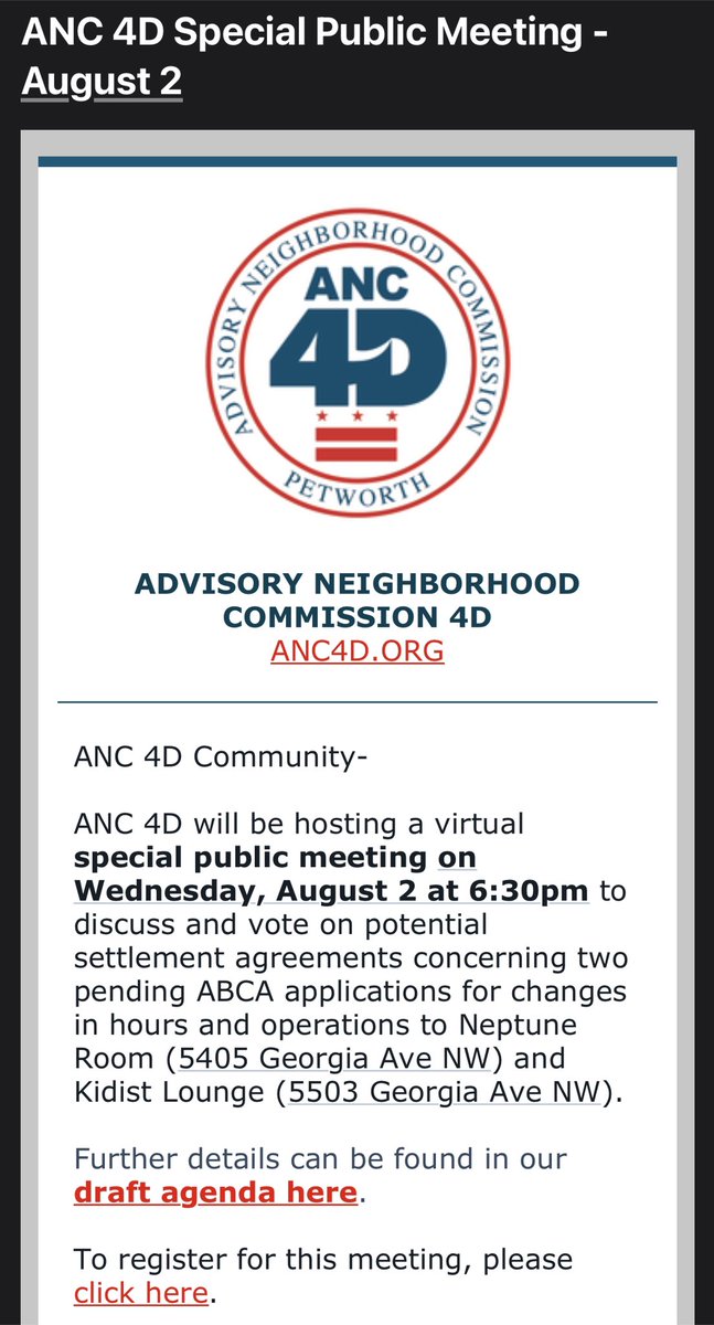 A rare @ANC4D public meeting taking place during the month of August! This one will cover @DCGov_ABCA applications for @neptuneroomdc & Kidist Lounge, both on Georgia Ave. NW near Kennedy St. NW. @UptownMainSt @petworthmainst https://t.co/lvu66tbplf https://t.co/YdJgjucz0u