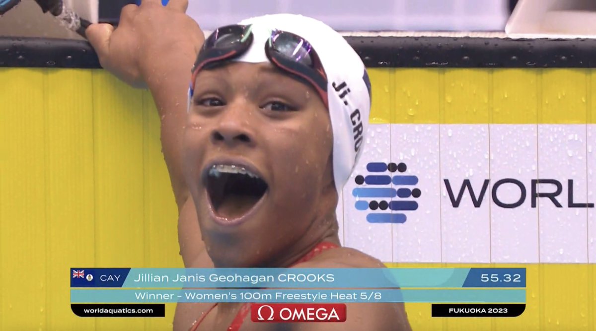 Jillian Crooks just went a BIG PB of 55.32 in the heats of the Women's 100 freestyle and had one of the best reactions I've seen all meet 🤩