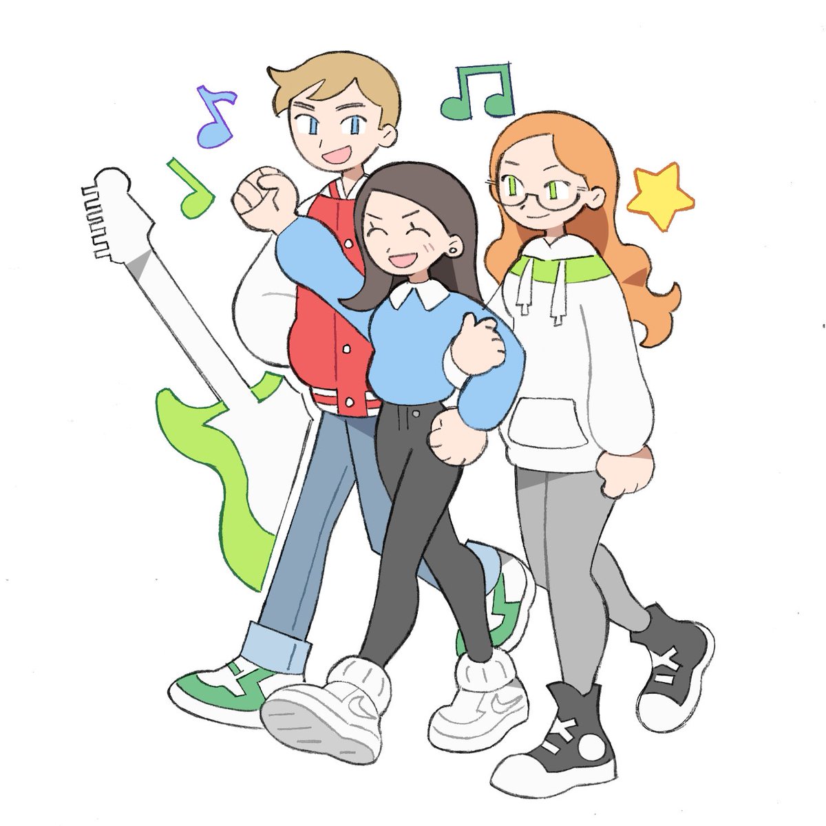 starrymarii's tweet image. My friends and I went to a music museum and I wanted to draw our cute outfits :)