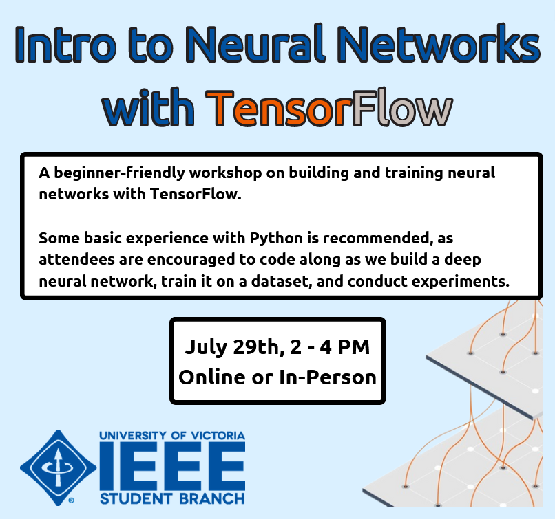UVicAI's tweet photo. Workshop on neural networks and TensorFlow this Saturday!

Offered in-person and online, everyone and anyone is welcome to drop in from 2-4pm and do some machine learning with us 🚀

Register here: https://t.co/pBEG9vcLrR

🧡 https://t.co/uO9fIsfyid