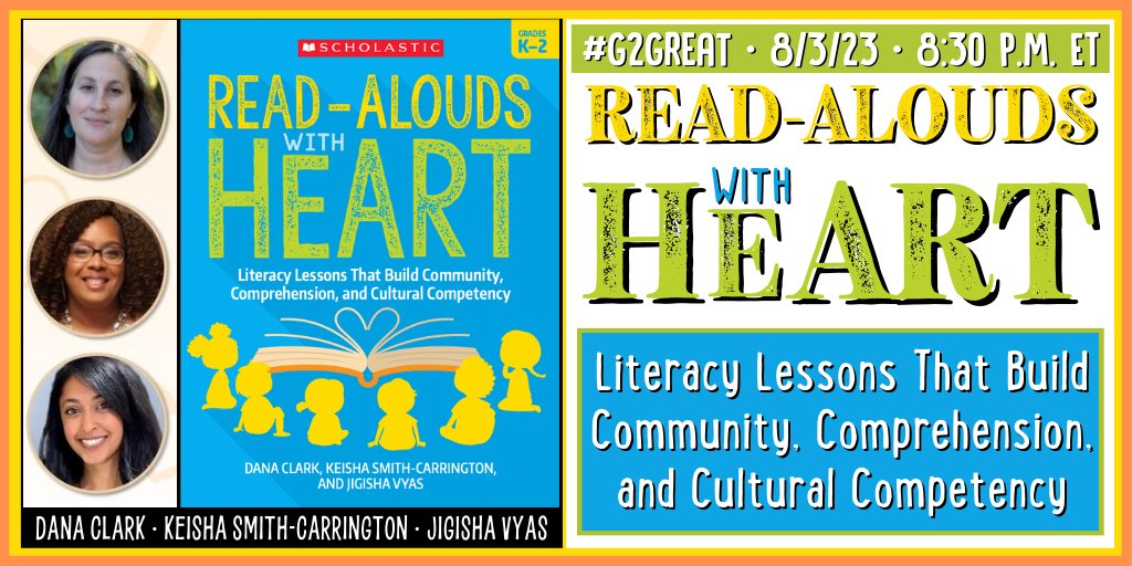 DrMaryHoward's tweet image. Tomorrow night we welcome Dana Clark, Keisha Smith-Carrington & Jigisha Vyas to #G2Great chat
Week 1 of Read-Alouds with HEART will spotlight the K-2 book (with grade 3-5 on 8/10/23).
@quiche36 @MsJVyas @DanaClarkLit Please join the discussion!