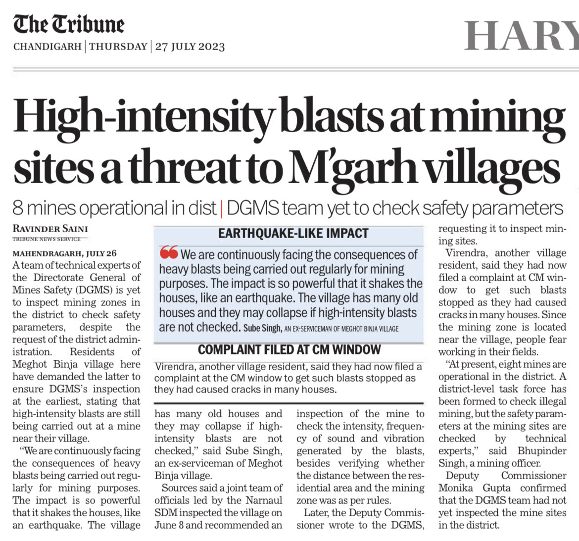 High intensity blasts at mining sites a threat to Mahendragarh villages, DGMS team yet to check safety measures 
#CriminalNexus #IllegalMining #HeavyBlasts #Mines #Safety #Mahendragarh #Haryana #TheTribuje #Narnaul #MeghotBinza