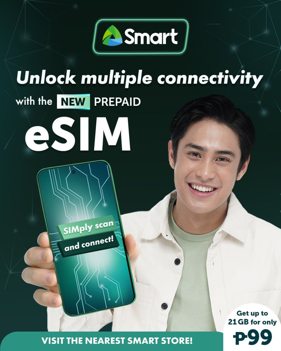 LiveSmart's tweet image. Here&apos;s a new way to be SMART!

Get the first Smart Prepaid eSIM and just SIMply SCAN &amp;amp; CONNECT!

Smart Prepaid eSIM comes with up to 21GB data for only P99. Get yours at any Smart Store near you!

DTI Fair Trade Permit No. FTEB-171884 Series of 2023

#SmarteSIM